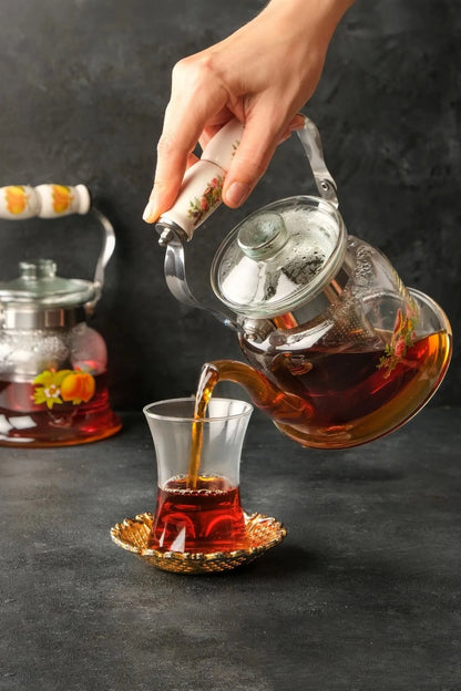 Noch Tea™ Porselen Saplı Süzgeçli Borosilikat Cam Bitki Çayı Demliği